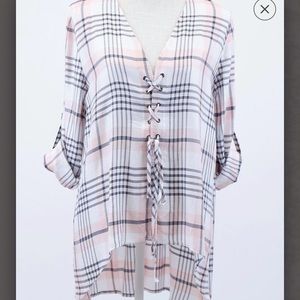 Grace & Lace, Lace Up Plaid Top